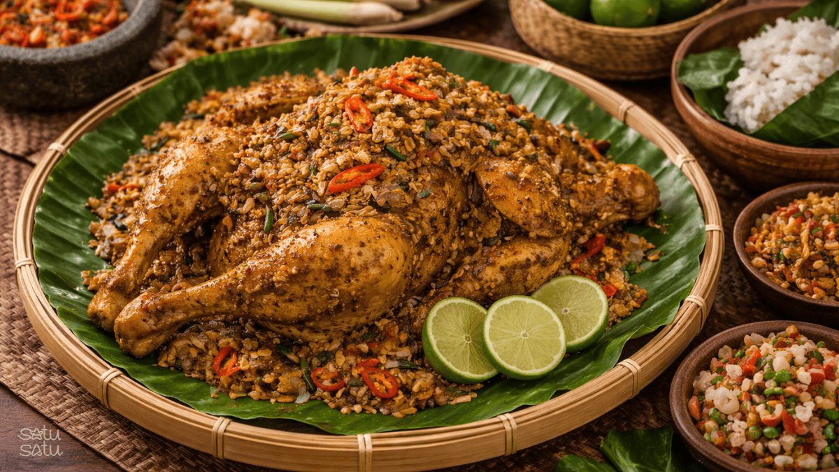 Traditional Balinese ayam betutu, slow-cooked spiced chicken served with aromatic herbs, rice, and sambal in Bali, Indonesia.