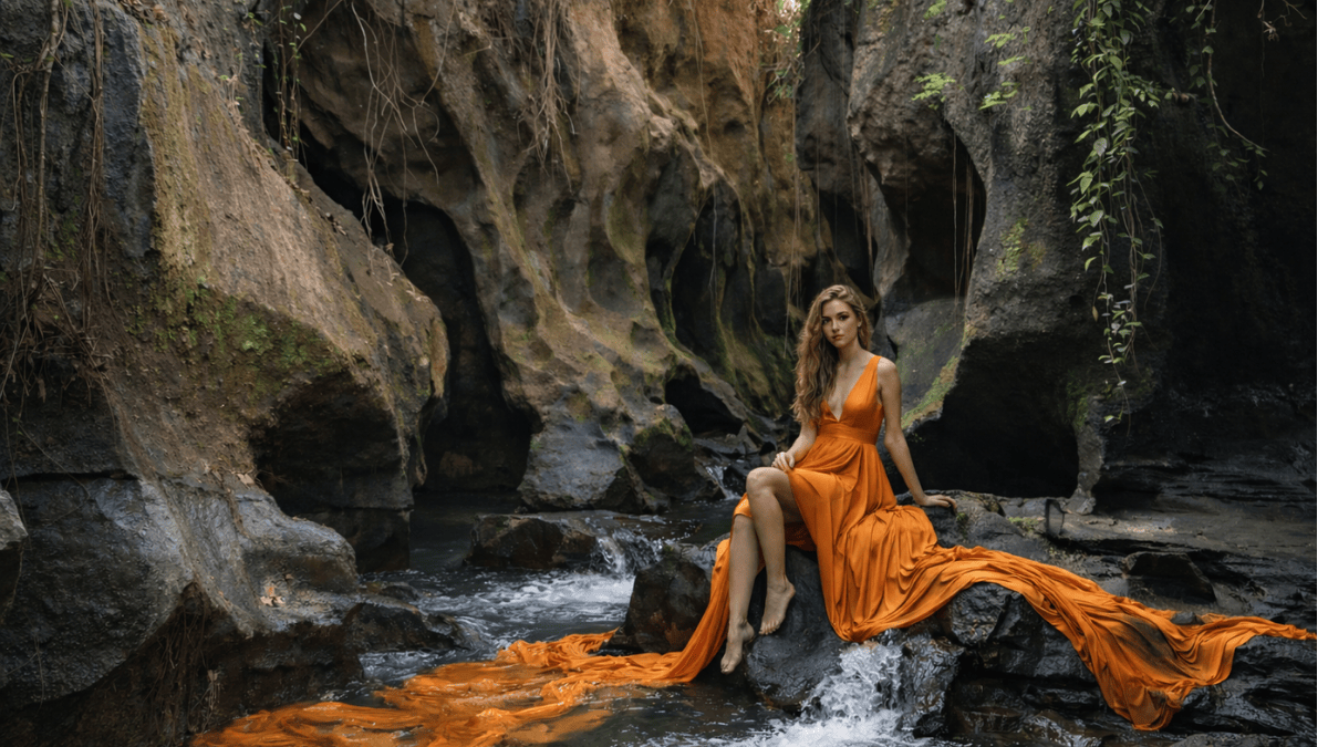 Woman in an orange dress sitting on rocks in Hidden Canyon of Beji Guwang in Bali.