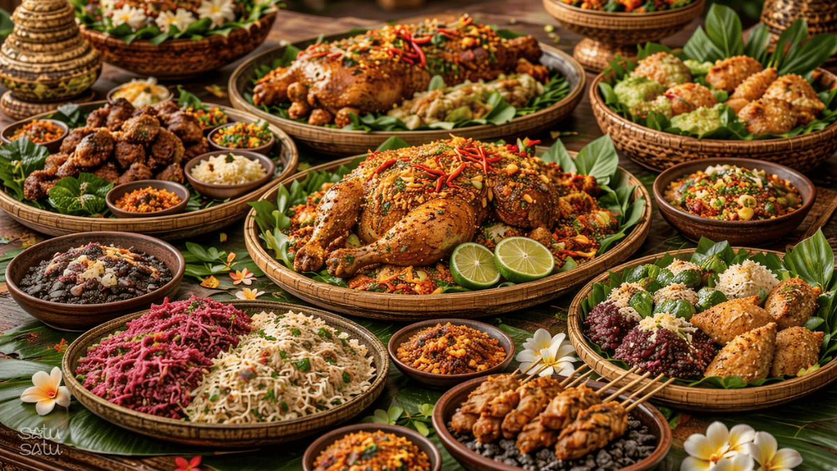 Variety of traditional Balinese food including ayam betutu, sate lilit, lawar, bebek betutu, and Balinese side dishes served on banana leaves in Bali, Indonesia.