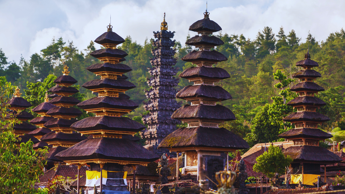 Traditional Balinese temple complex at Besakih Temple with multi-tiered shrines in Bali.