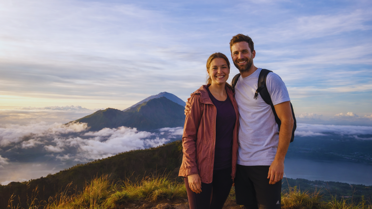 Travelers enjoying sunrise at Mount Batur with volcanic landscape and clouds in Bali.