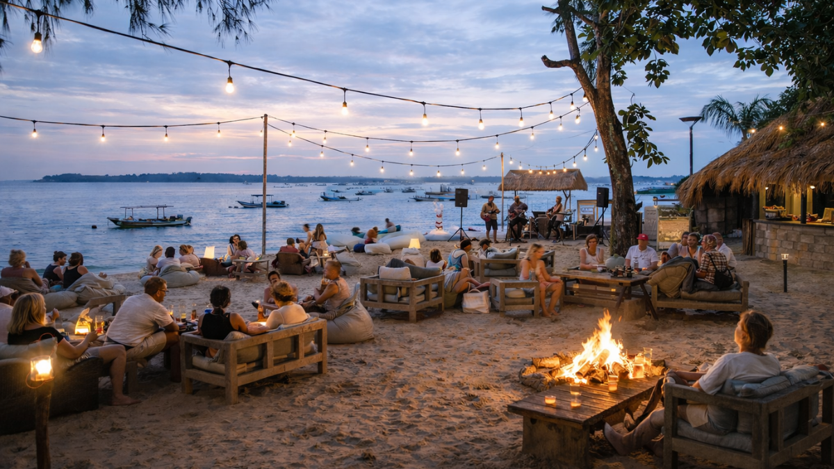 Sanur Beach in Bali with people relaxing by the sea during sunset and beachside atmosphere.