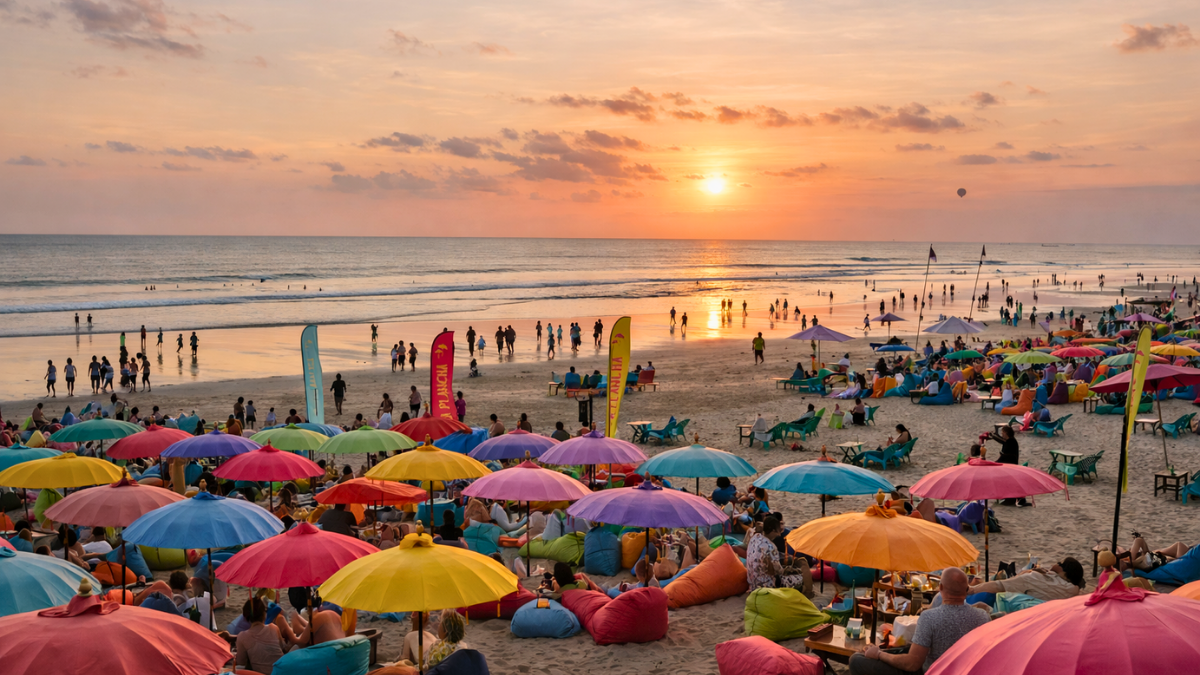 Seminyak Beach in Bali at sunset with colorful umbrellas, people relaxing, and ocean views.