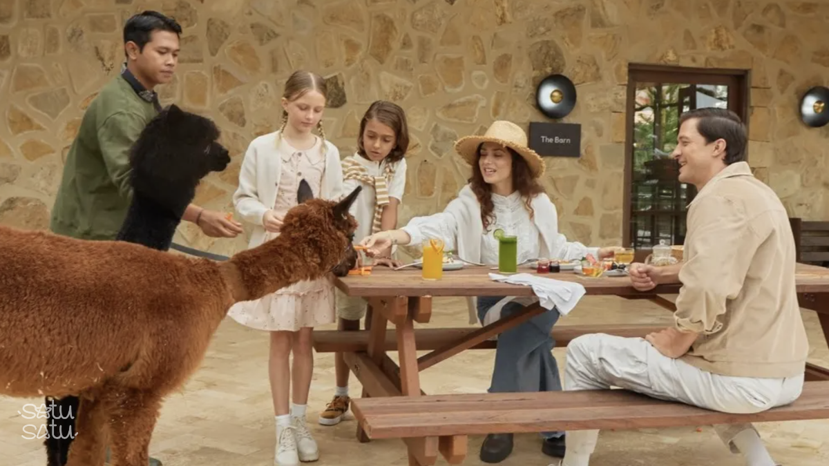 Family enjoying an outdoor dining experience while interacting with alpacas at Bali Farm House.