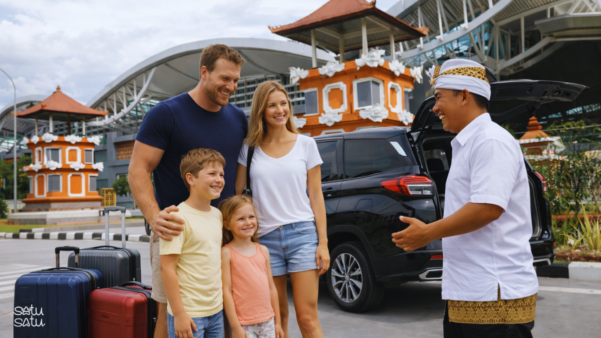 Family arriving at Bali airport greeted by a private driver for airport transfer service