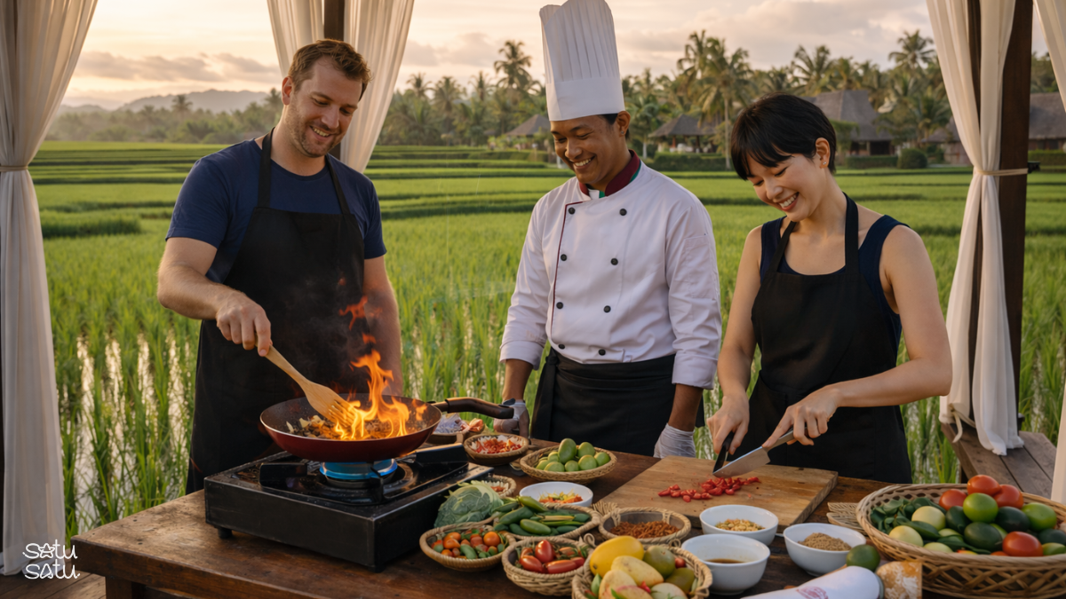 Travelers enjoying a Balinese cooking class with a local chef overlooking lush rice fields in Bali