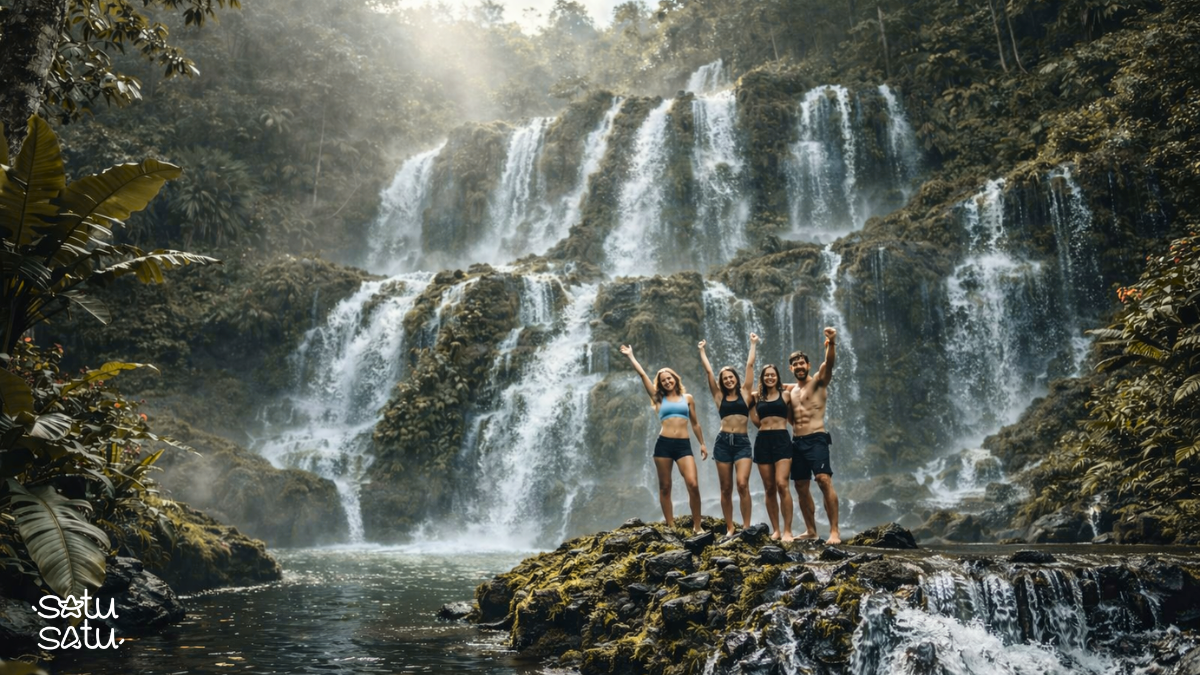 Banyu Wana Amertha Waterfall in Munduk, Bali, featuring multi-tiered cascades surrounded by lush tropical rainforest.