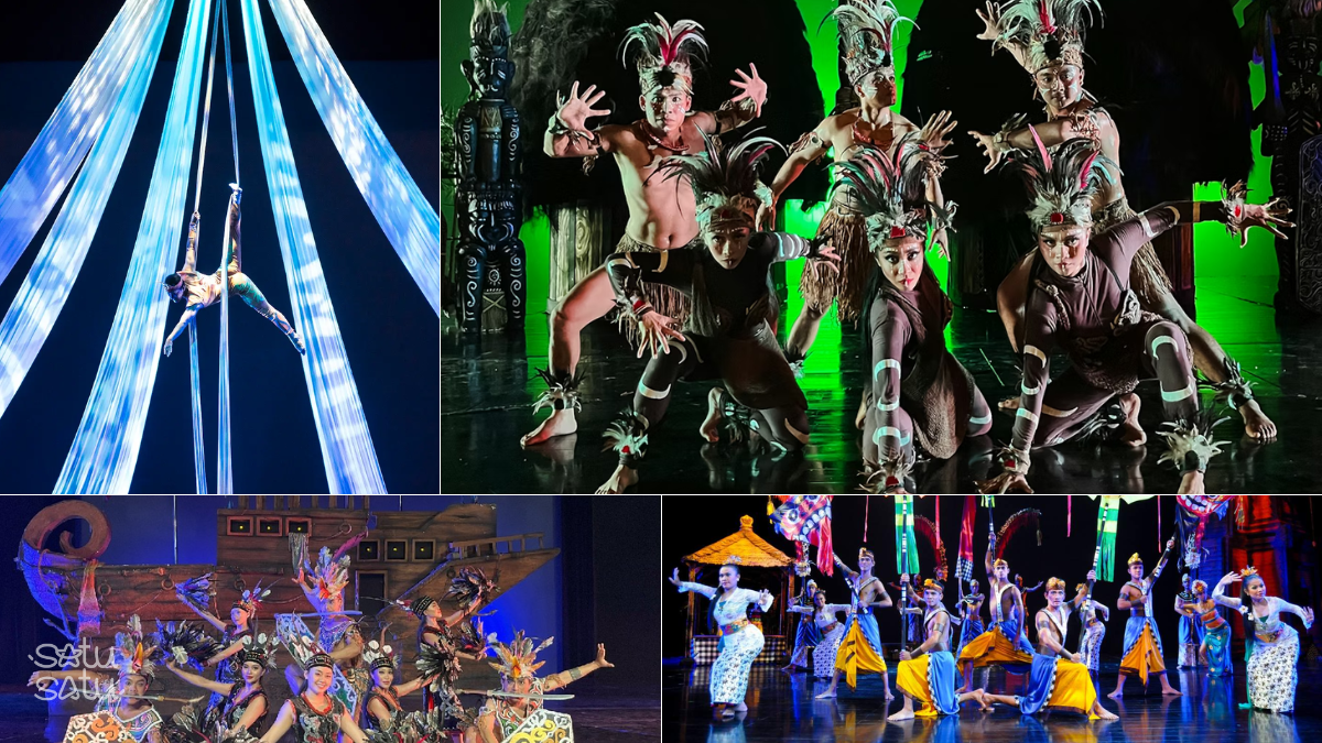 Aerial acrobatics and traditional dance acts during Devdan Show theatrical performance in Bali