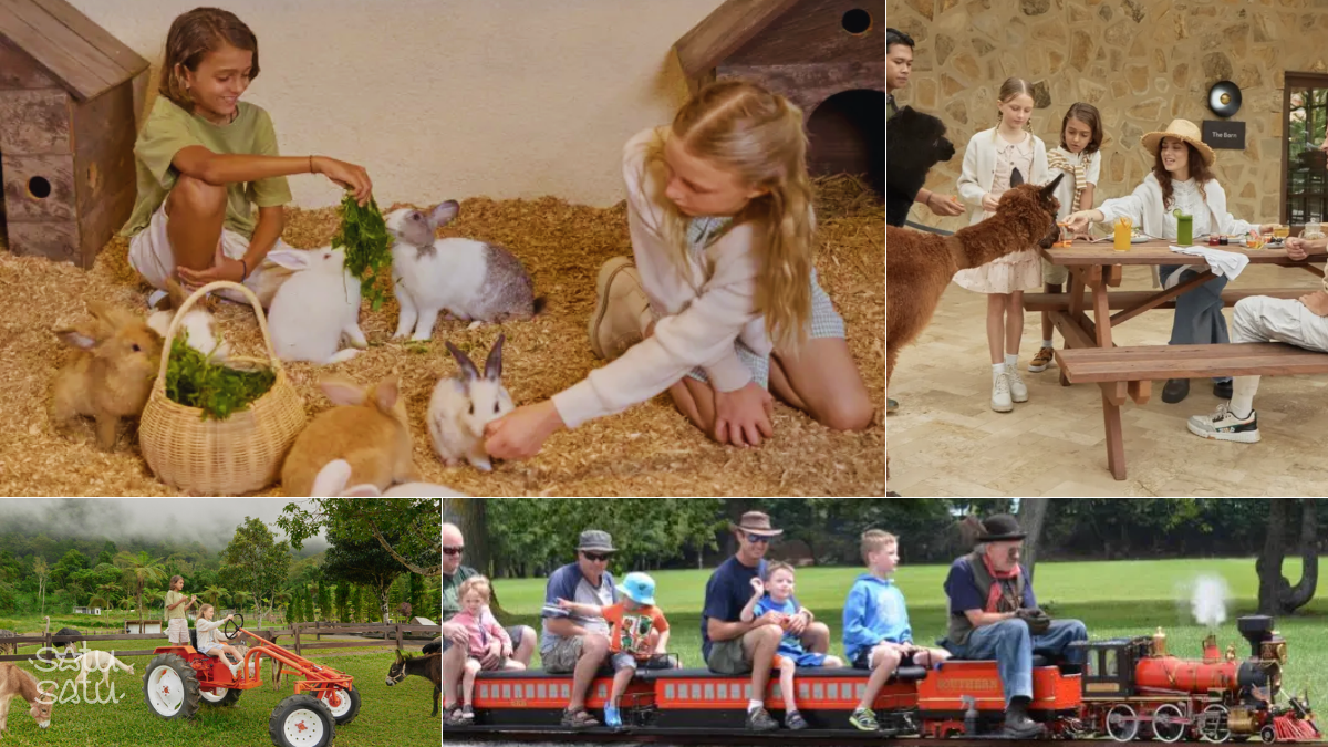 Children feeding rabbits and families enjoying interactive animal encounters at Bali Farm House.