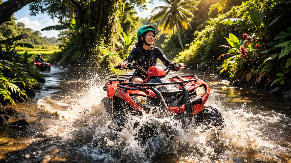 Female traveler riding an ATV through a jungle river trail in Ubud Bali during an off-road adventure.