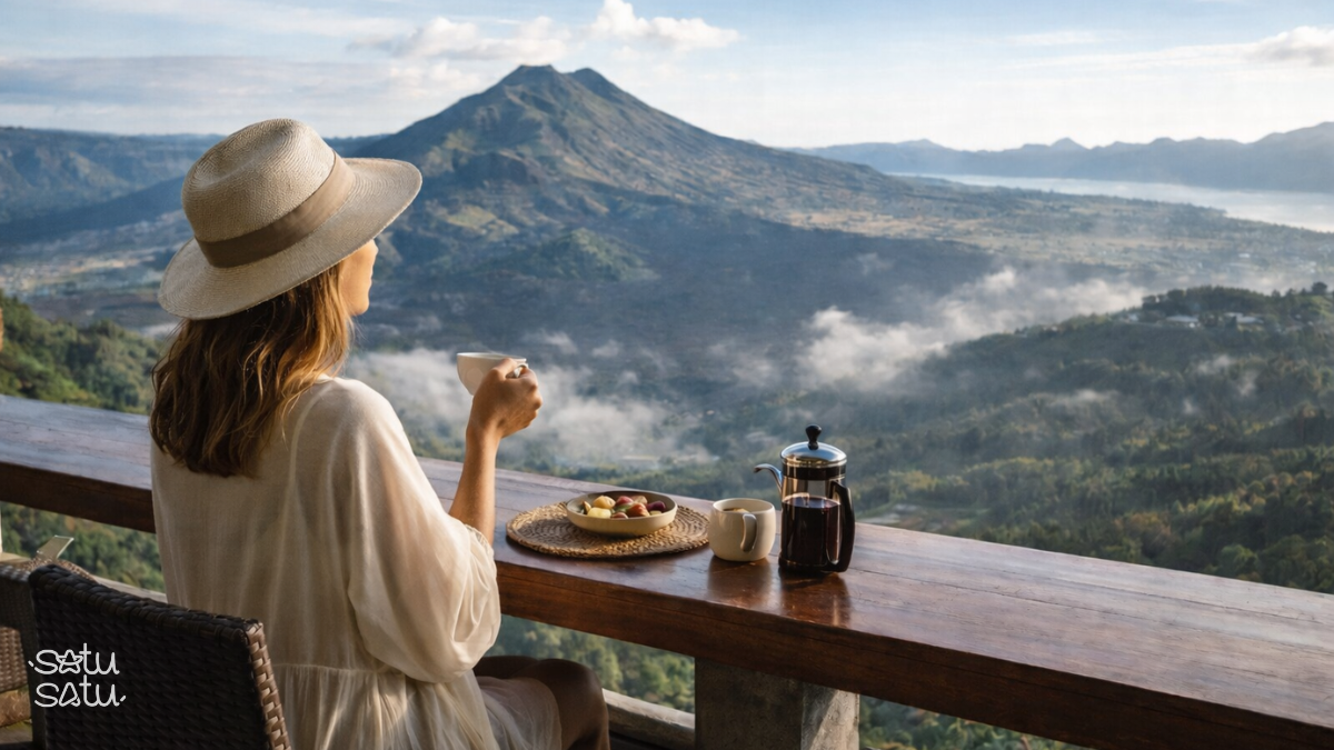 Traveler enjoying morning coffee at a Kintamani coffee shop with panoramic mountain and valley views in Bali