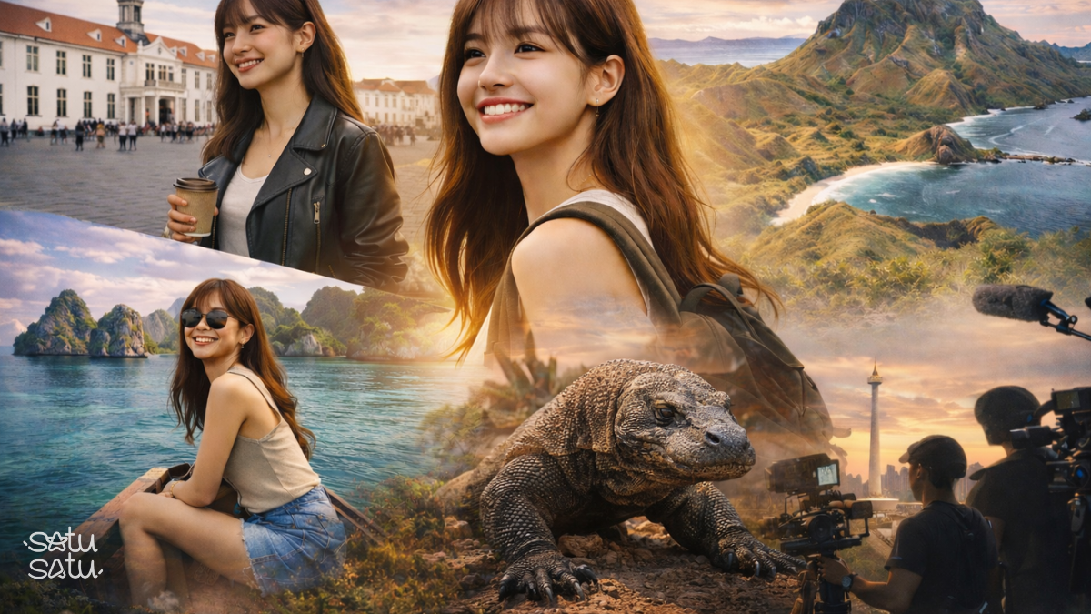 Travel collage featuring a Korean female traveler exploring iconic destinations in Indonesia including Komodo Island, Labuan Bajo, and Jakarta.