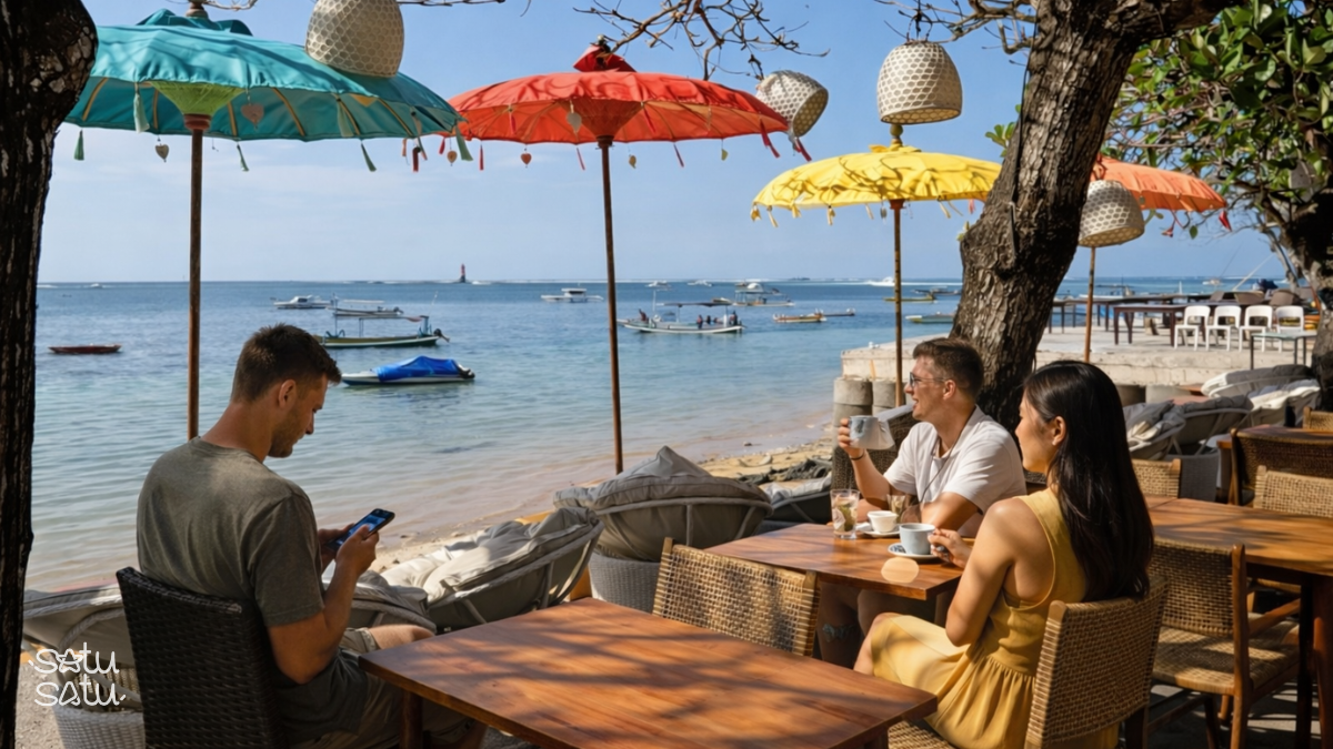 Travelers enjoying a relaxing morning at Pantai Matahari Terbit Bali with beachside café seating and calm ocean view