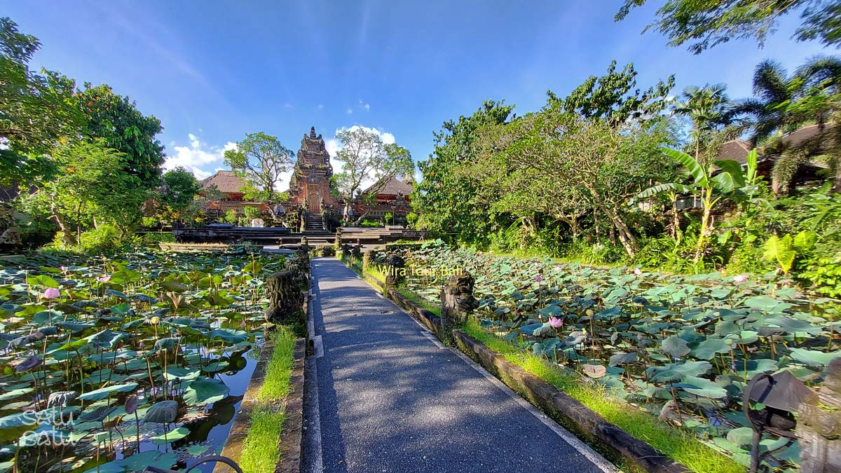 Pura Taman Saraswati temple in Ubud Bali with lotus pond and traditional Balinese architecture