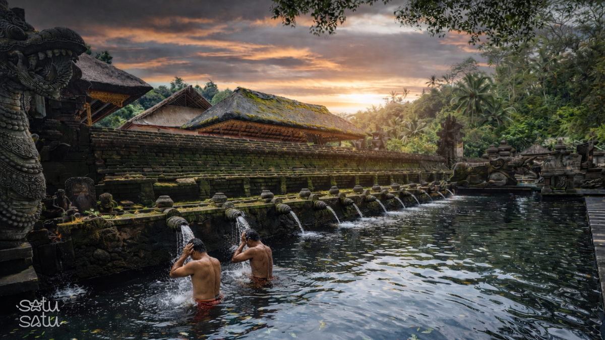 Pura Tirta Empul in Tampaksiring, Bali, showing visitors performing melukat purification ritual in sacred holy spring pools.