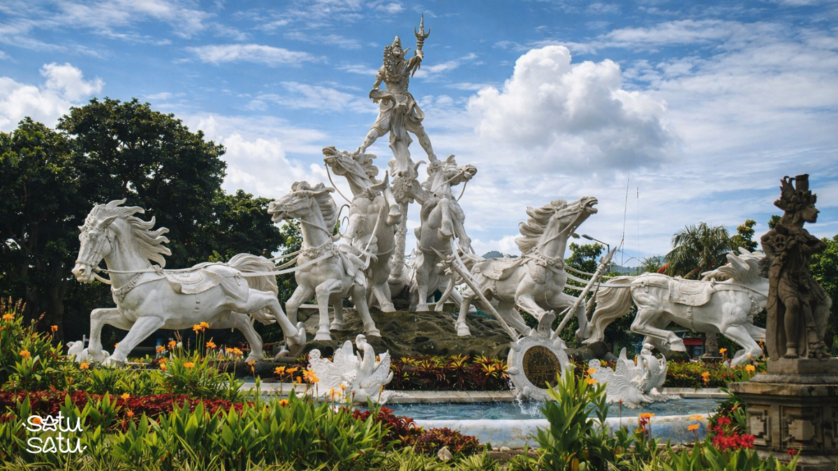 Satria Gatotkaca statue in Denpasar, Bali, featuring a dramatic chariot and horses inspired by the Mahabharata epic.