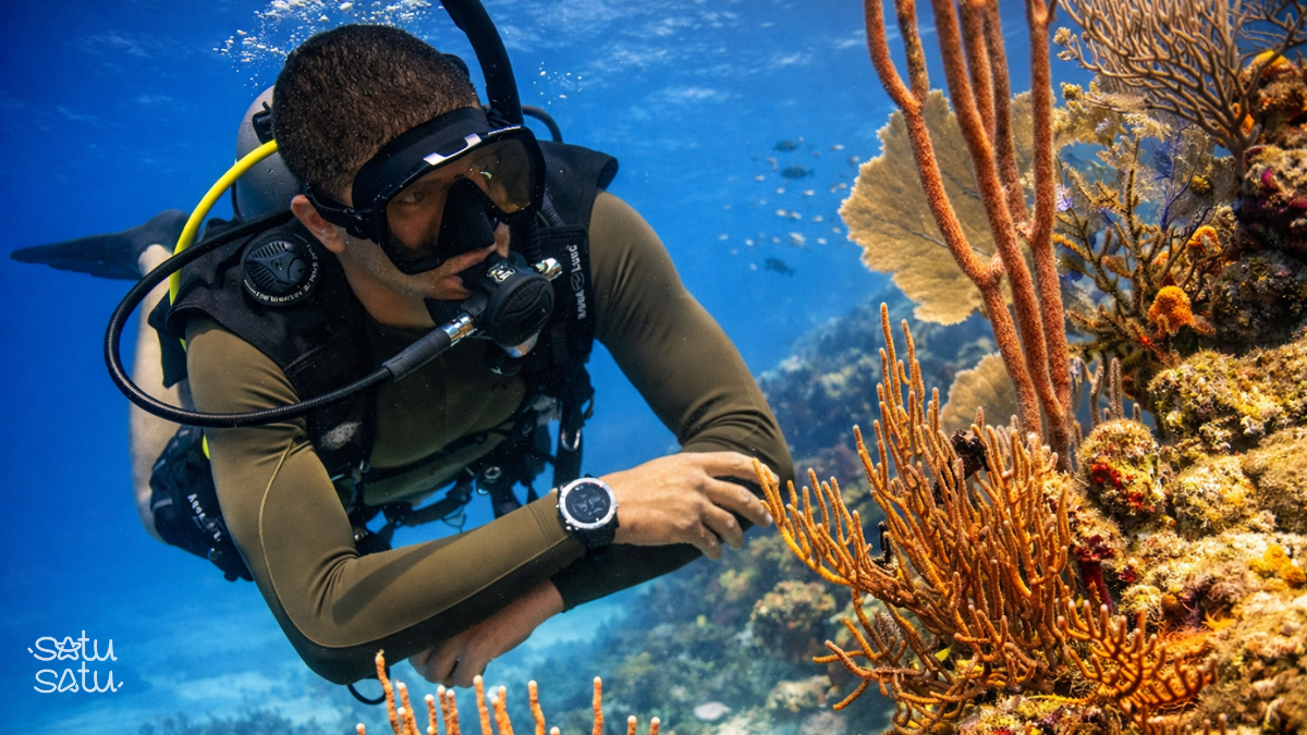 Scuba diver exploring a vibrant coral reef underwater in Bali, Indonesia.