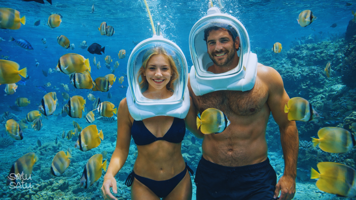 Couple enjoying a sea walker experience in Bali surrounded by tropical fish underwater