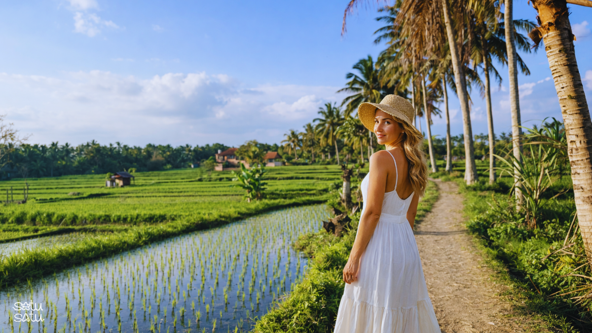 Traveler walking along Subak Juwuk Manis rice field path in Ubud, Bali, surrounded by lush green paddies and tropical palm trees.