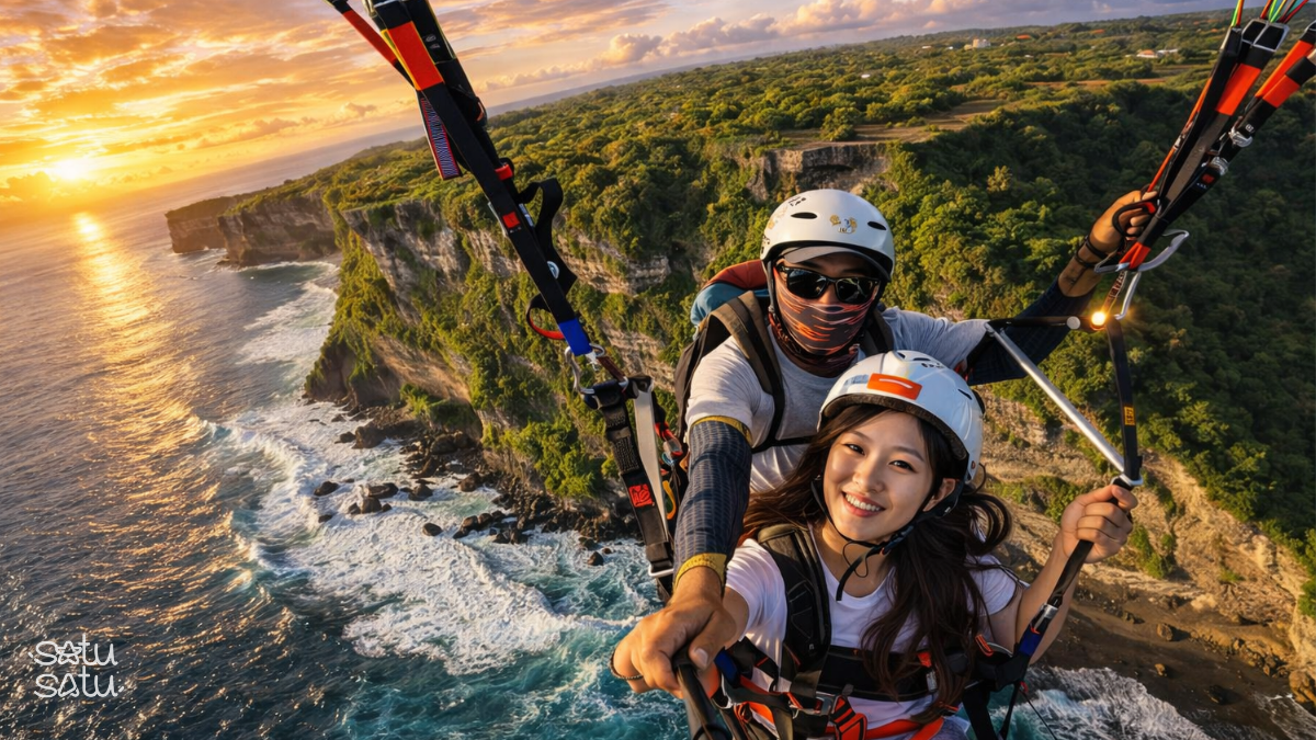 Tandem paragliding over Timbis Beach Bali at sunset with dramatic cliffs and ocean coastline.