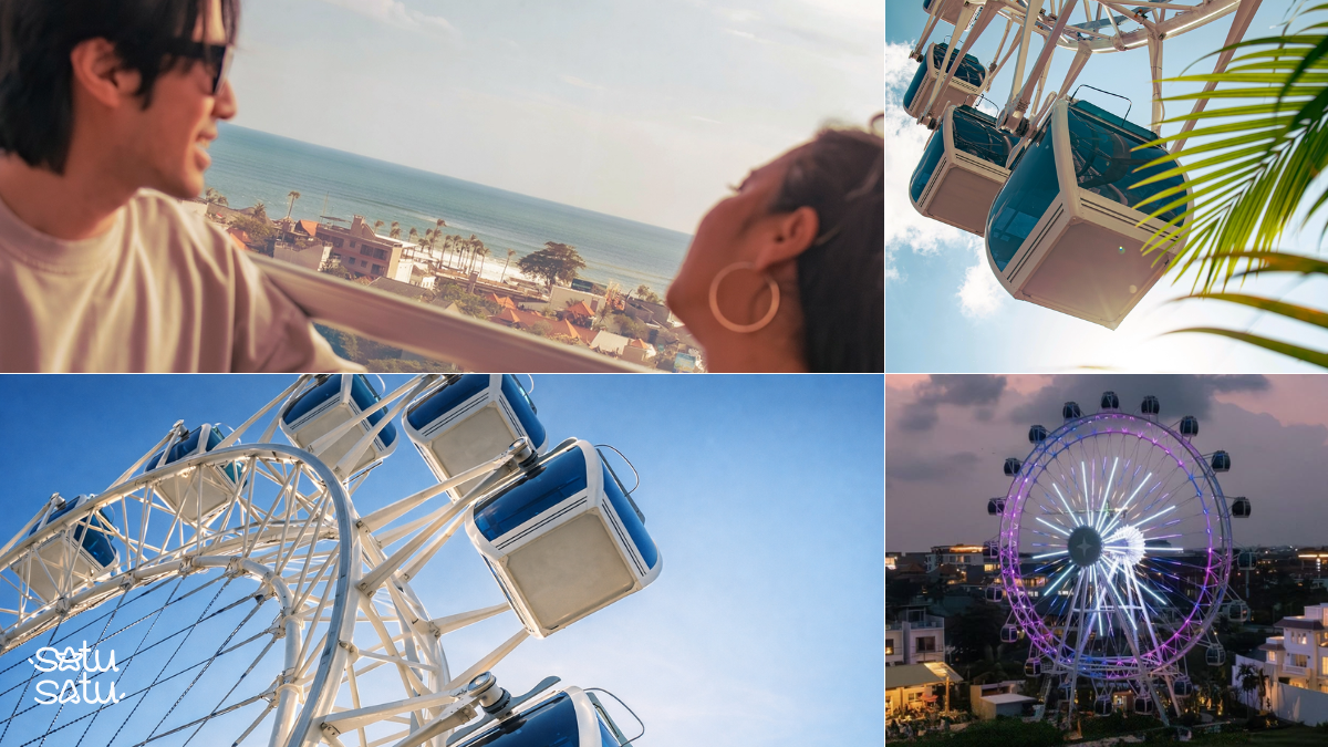 Collage of The Wheel Bali featuring glass cabins, aerial views, and sunset illumination in Canggu.