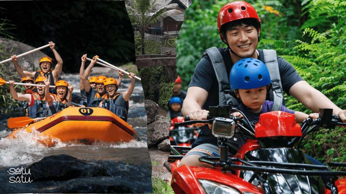 Travelers enjoying white water rafting and ATV riding through tropical jungle in Ubud, Bali.