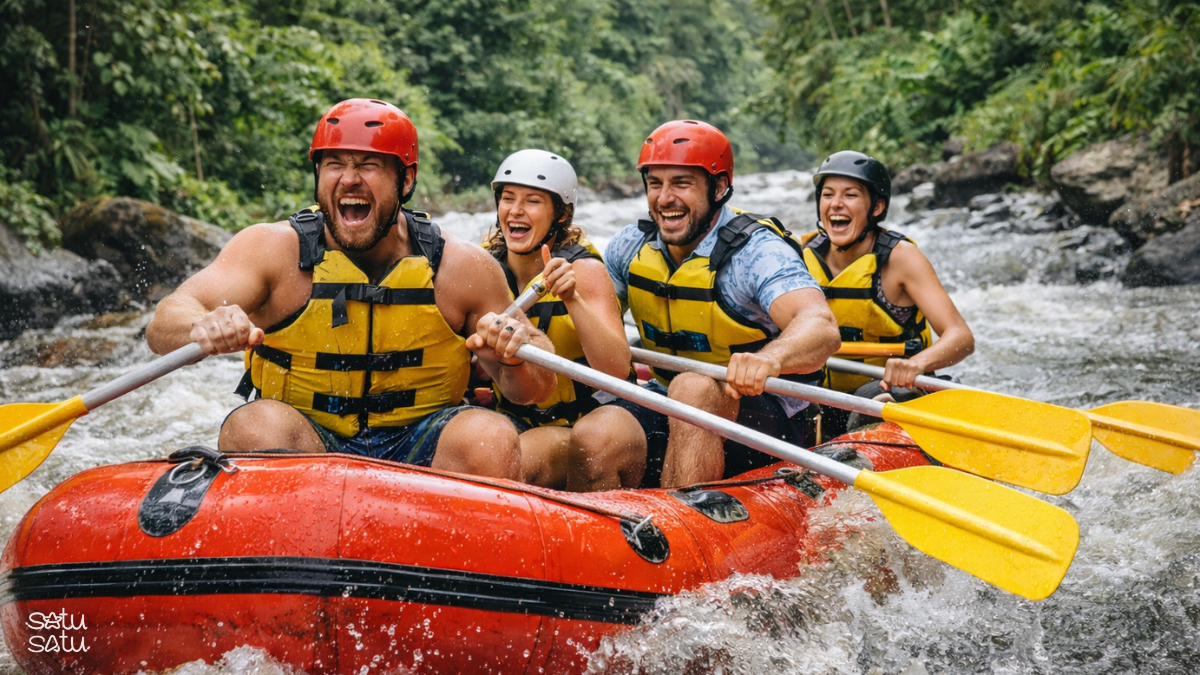 Group of friends white water rafting on the Ayung River in Ubud, Bali
